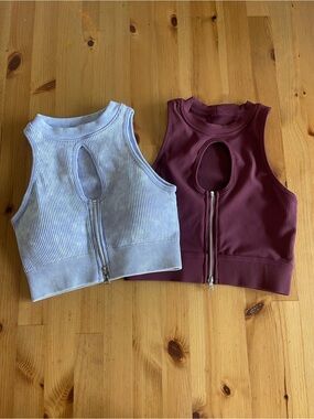 Woman Ribbed Front-Zip Crop Top - lavender & Burgundy - training bra.